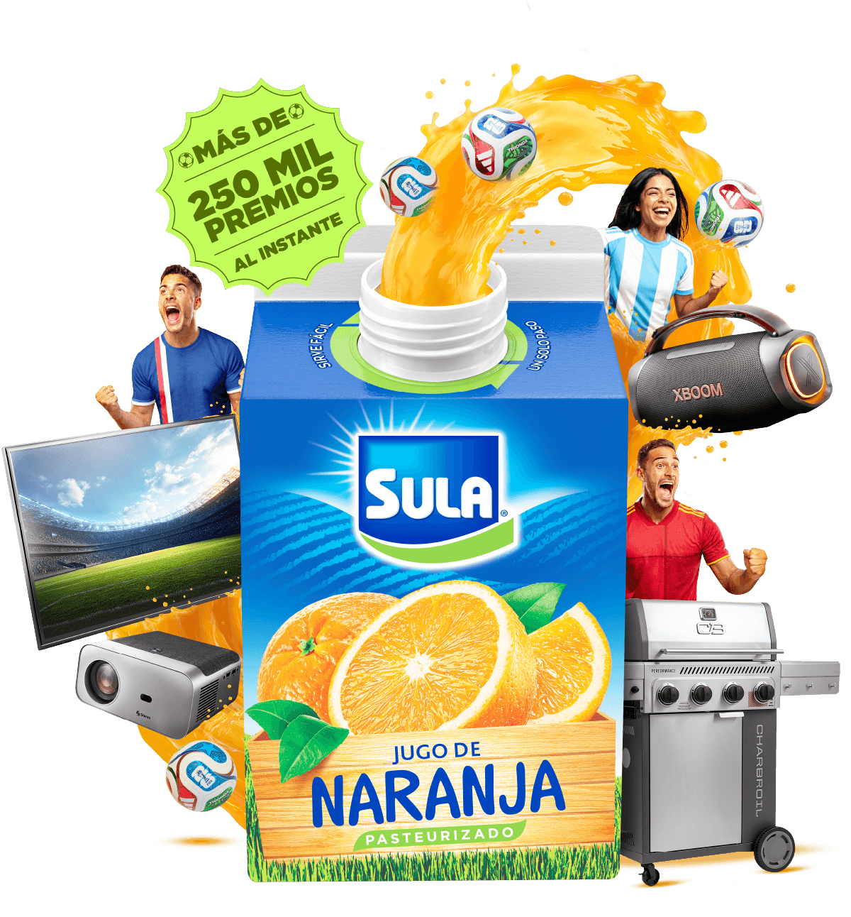 Arte central de la campaña: caja de jugo Sula, personas celebrando y premios